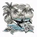 hawaiian hibiscus, ocean, coconut tree, surf, sea turtle, orca whale tattoo design idea