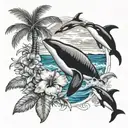 hawaiian hibiscus, ocean, coconut tree, surf, sea turtle, orca whale tattoo design idea