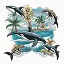 hawaiian hibiscus, ocean, coconut tree, surf, sea turtle, orca whale tattoo design idea