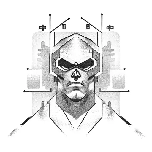 A hacker symbol intertwined with a muscular bodybuilder silhouette tattoo design idea