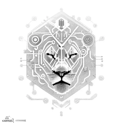 A cybernetic lion with circuitry and computer parts integrated into its design tattoo design idea