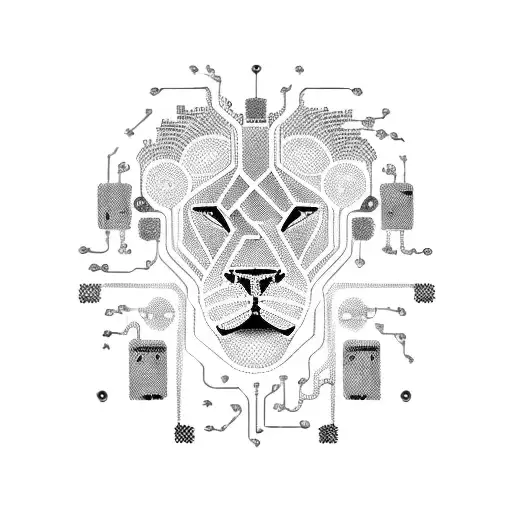 A cybernetic lion with circuitry and computer parts integrated into its design tattoo design idea
