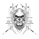 A hacker symbol intertwined with a muscular bodybuilder silhouette tattoo design idea