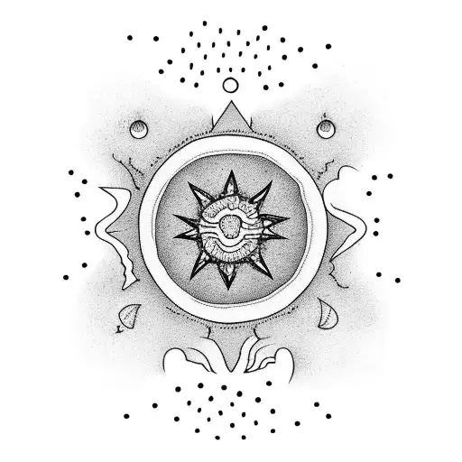 Dotwork tattoo of a beach sunset with red hot chili peppers scattered in the sky tattoo design idea