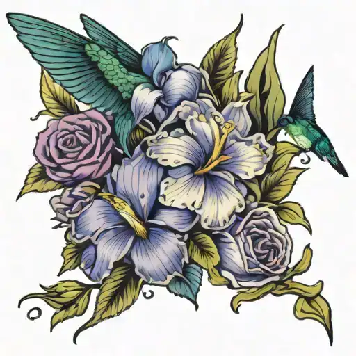 humming bird, rose, iris flowers tattoo design idea