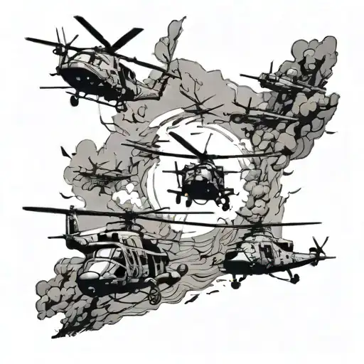 A fierce battle scene with helicopters flying in formation and soldiers on the ground tattoo design idea