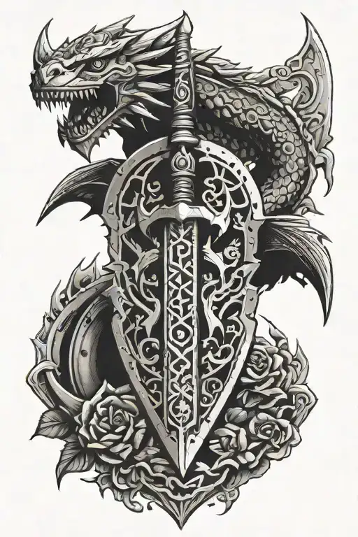 Zelda themed tattoo containing the master sword, hylian shield and the head of the light dragon. tattoo design idea