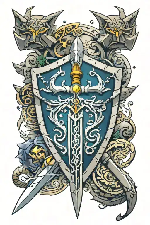 Zelda themed tattoo containing the master sword, hylian shield and the head of the light dragon. tattoo design idea