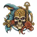 grim reaper, trident, ankh of reincarnation, eye of horus, aquarius, Anubis tattoo design idea