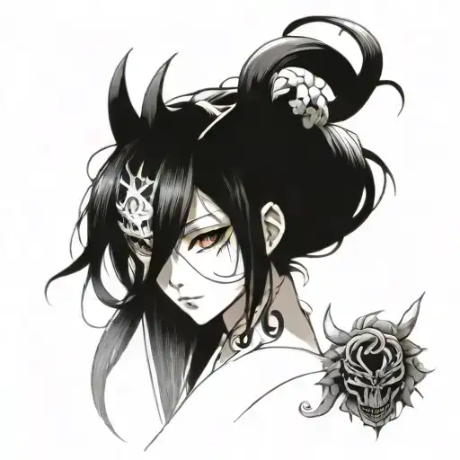 black and white, anime girl, long hair, thin, a demon mask instead of a face, sakura in the background tattoo design idea