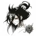 black and white, anime girl, long hair, thin, a demon mask instead of a face, sakura in the background tattoo design idea