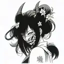 black and white, anime girl, long hair, thin, a demon mask instead of a face, sakura in the background tattoo design idea