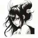 black and white, anime girl, long hair, thin, a demon mask instead of a face, sakura in the background tattoo design idea