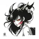 black and white, anime girl, long hair, thin, a demon mask instead of a face, sakura in the background tattoo design idea
