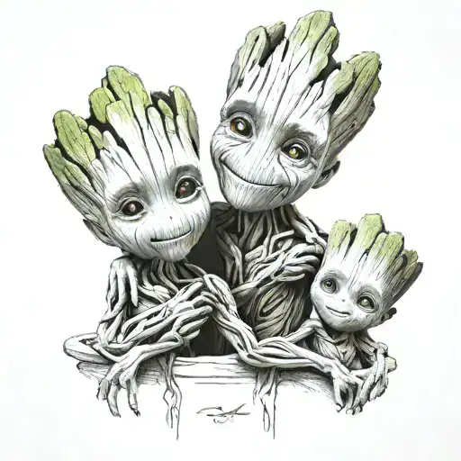 baby groot and family, Time, love 5kids tattoo design idea