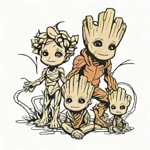 baby groot and family, Time, love 5kids tattoo design idea