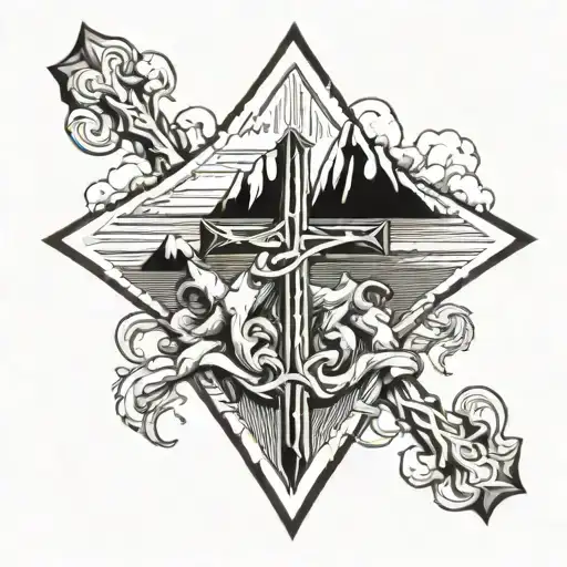 three nail cross with mountains  tattoo design idea