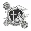 three nail cross with mountains  tattoo design idea