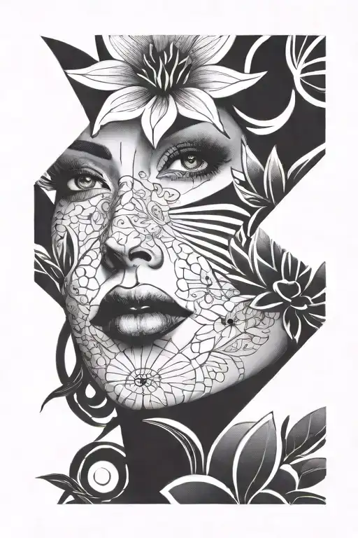 Background flowers among them beautiful women's eyes sports and motivation tattoo design idea