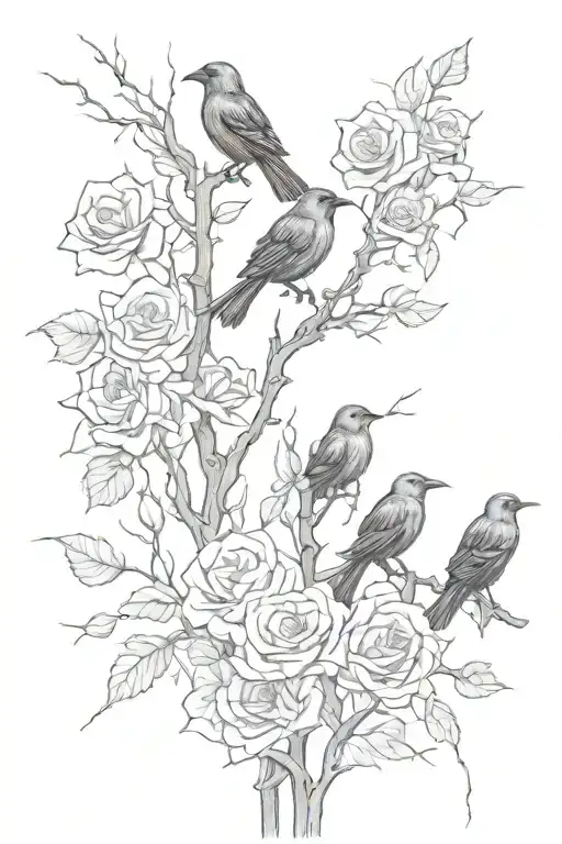 barb wire wrapping with rose bushes and crows flying tattoo design idea