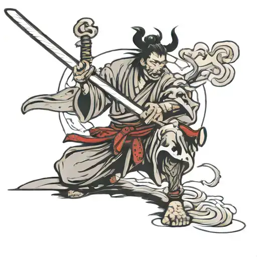 lonely samurai with katana surrounded tattoo design idea
