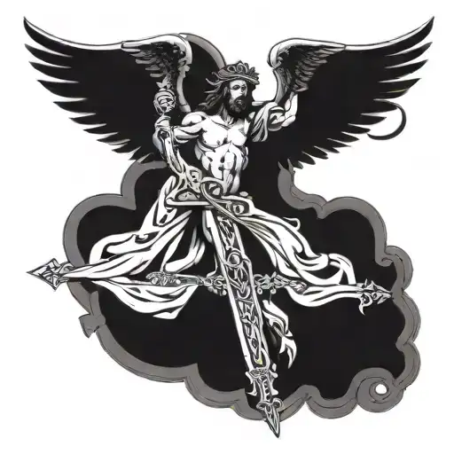 A cross of Jesus Christ with a sword and angel wings tattoo design idea