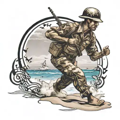 Design a tattoo of a soldier doing a capoeira move on the beach with musical notes floating around tattoo design idea