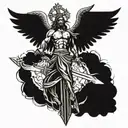A cross of Jesus Christ with a sword and angel wings tattoo design idea