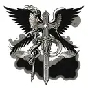 A cross of Jesus Christ with a sword and angel wings tattoo design idea