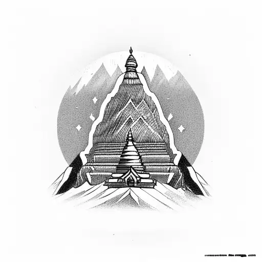 trekkers walking towards mount everest, temple, tiger , windy time, Buddhist prayer flag and stupa tattoo design idea