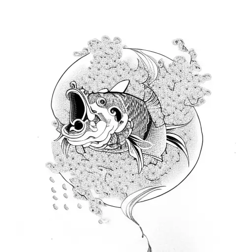 koi fish with half hannya mask with waves and cherry blossom leafs and flowers falling tattoo design idea