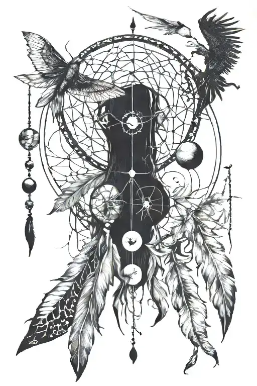 moon phases with Native American dream catcher and dragon flies tattoo design idea