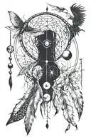 moon phases with Native American dream catcher and dragon flies tattoo design idea