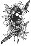 moon phases with Native American dream catcher and dragon flies tattoo design idea