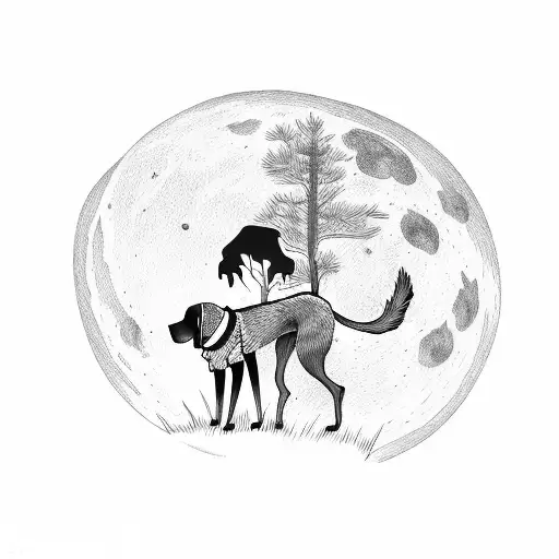 A silhouette of a person hiking with their loyal dog, under a full moon shining through a forest tattoo design idea