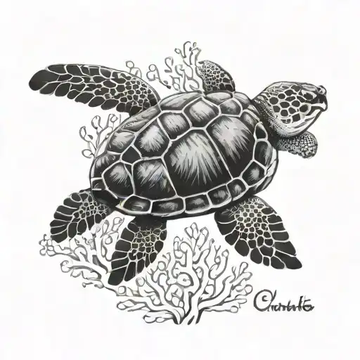 A majestic sea turtle swimming through a field of colorful coral, symbolizing the beauty and resilience of life after loss tattoo design idea