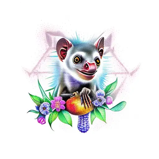 fruit bat with flowers and small cuckoo clock tattoo design idea