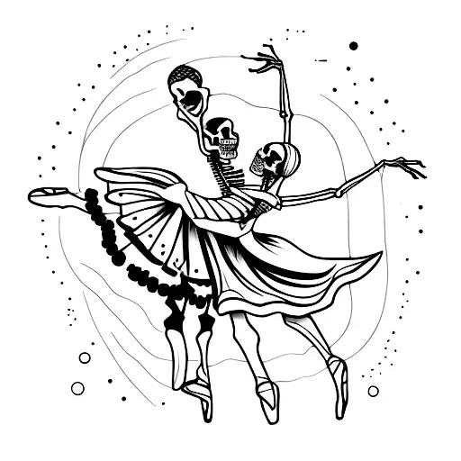 A ballet dancer gracefully dancing with a skeleton partner tattoo design idea