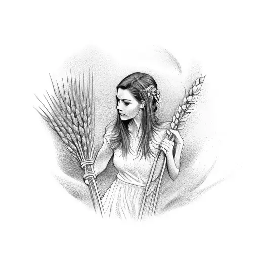young maiden carrying a sheaf of wheat. tattoo design idea