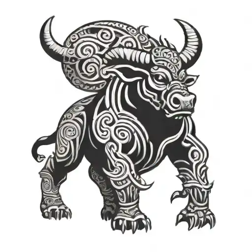 A fierce Minotaur standing guard in a tribal style tattoo design idea