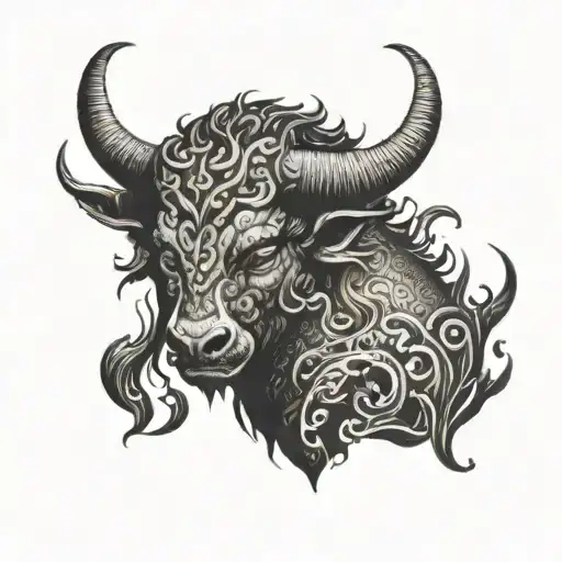 A tranquil scene of a Minotaur surrounded by flames in dotwork style tattoo design idea