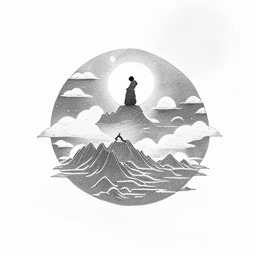 Wanderer above sea of fog silhouette with a moonlit sky tattoo design idea