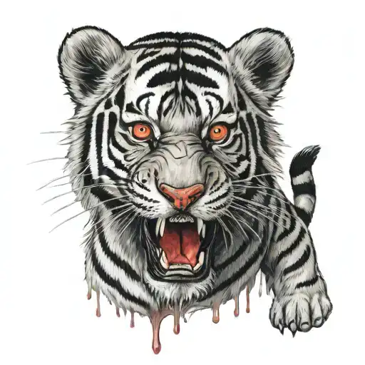black/grey tiger with red nose, gold eye holding a severed winnie the pooh head that's black with blood that's honey tattoo design idea