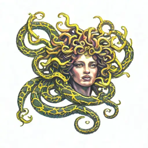 Medusa mostly black but snakes lightly florescent bright color lines  tattoo design idea