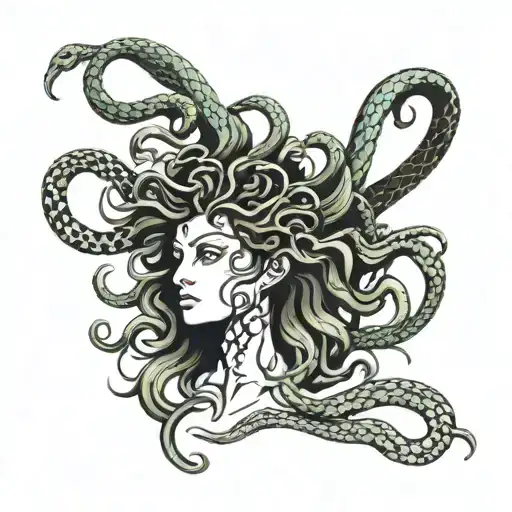 Medusa mostly black but snakes lightly florescent bright color lines  tattoo design idea