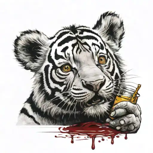 black/grey tigger with red nose, gold eye holding a severed winnie the pooh head that's black with blood that's honey tattoo design idea