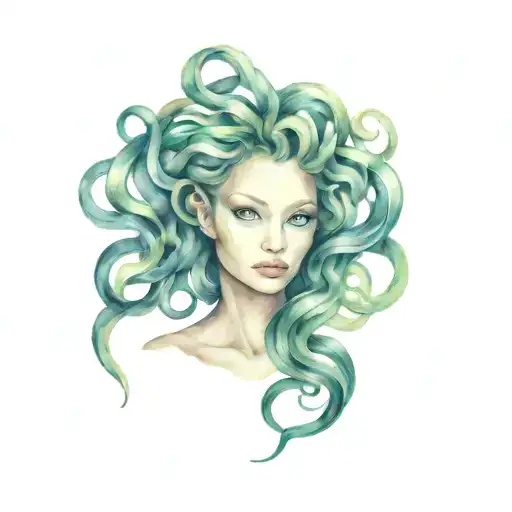 Medusa mostly black but snakes lightly florescent bright color lines  tattoo design idea