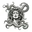 Medusa mostly black but snakes lightly florescent bright color lines  tattoo design idea
