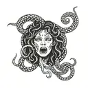 Medusa mostly black but snakes lightly florescent bright color lines  tattoo design idea