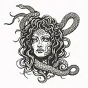 Medusa mostly black but snakes lightly florescent bright color lines  tattoo design idea